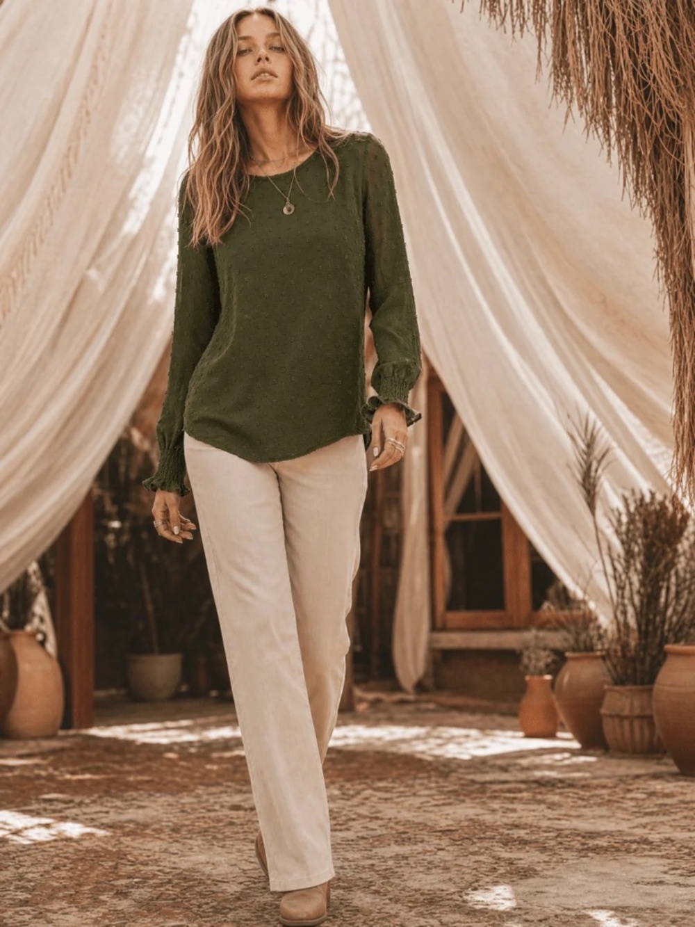 "Les Amis" Women's Long Sleeve Swiss Detailed Blouse - Green / White